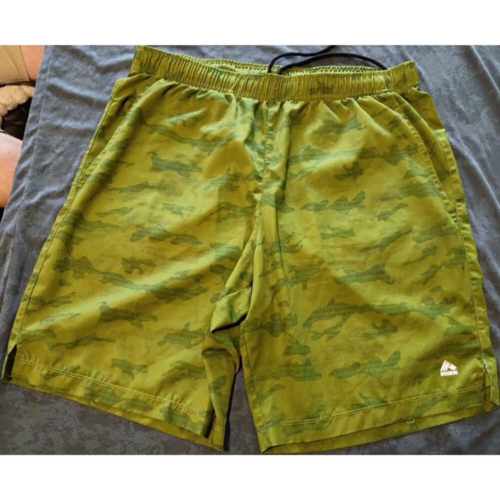 RBX Men's Green Camouflage Athletic Quick-Dry Shorts Polyester Drawstring Size M